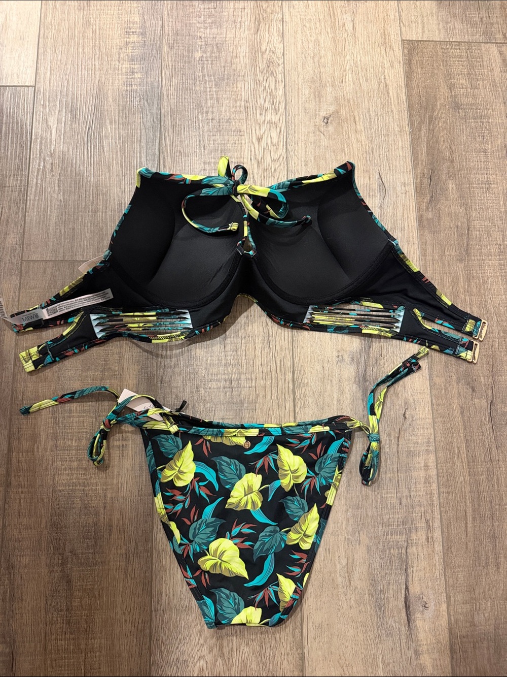 Victoria's Secret Womens Black Bikini Set Lime & Teal Tropical Print 34DD Medium - Picture 3 of 7